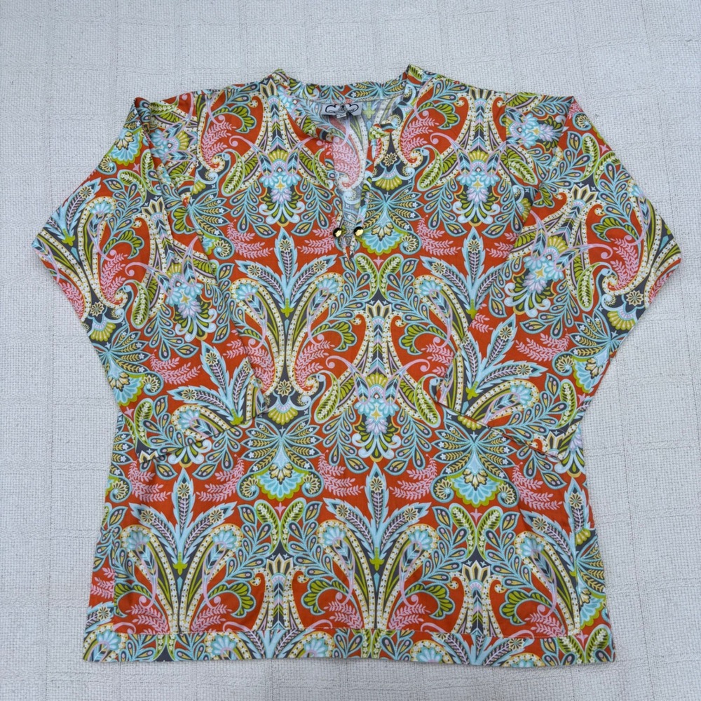 Women's Large Casey Gray Orange Paisley Floral Bohemian 3/4 Sleeve Tunic Top
